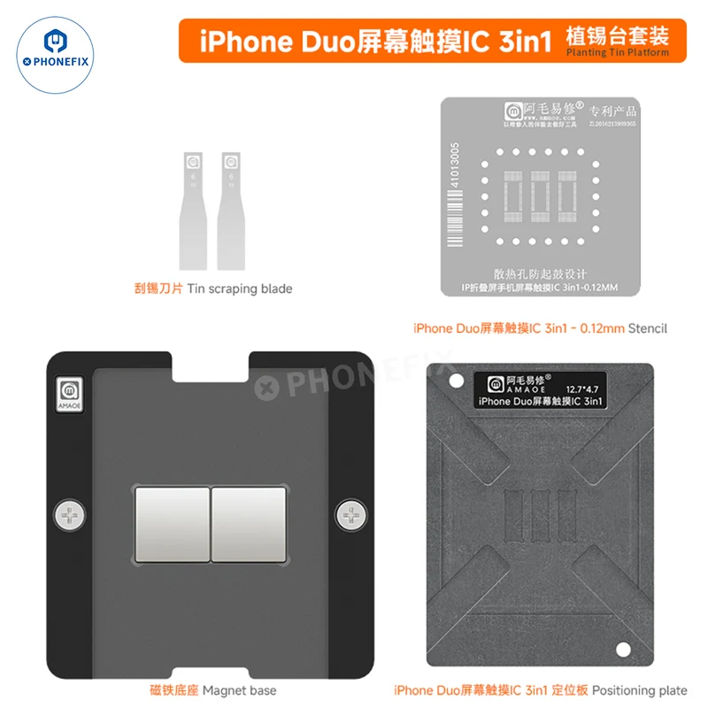 Piattaforma di reballing e stencil BGA per IC touch screen AMAOE per iPhone Duo.