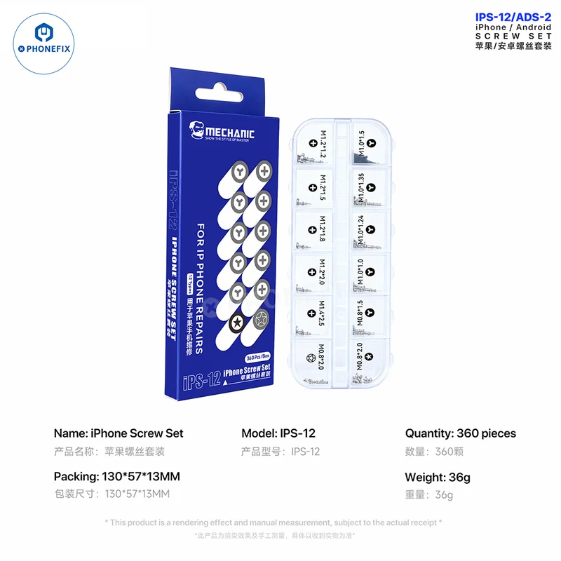 Set di viti MECHANIC IPS-12 ADS-2 per la riparazione di iPhone e Android