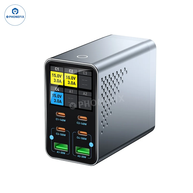 Caricabatterie da tavolo rapido GaN da 165 W con display intelligente per telefono e laptop