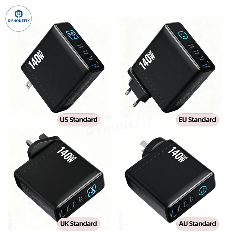Caricabatterie GaN da 140 W PD/QC con display digitale e spina pieghevole