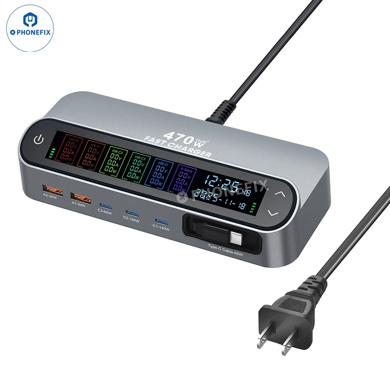 Stazione di ricarica digitale GaN da 470 W Caricabatterie super veloce PD31 da 140 W