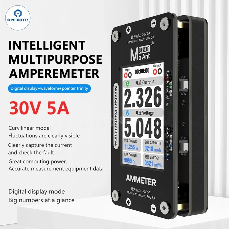 MaAnt DL-02 Amperometro intelligente 30V 5A Indicatore numerico Curva Display