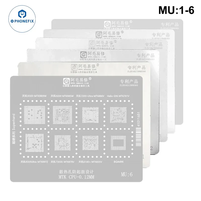 Stencil per reballing BGA AMAOE CPU MTK MU:1-MU:5 maglia in acciaio