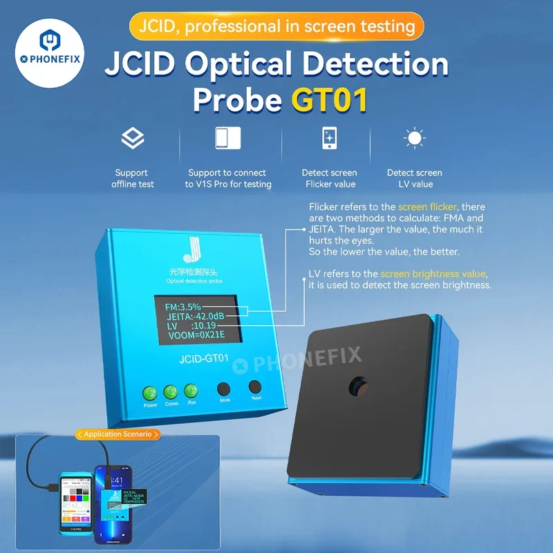 La sonda di rilevamento ottico JCID GT01 verifica il valore LV dello sfarfallio dello schermo