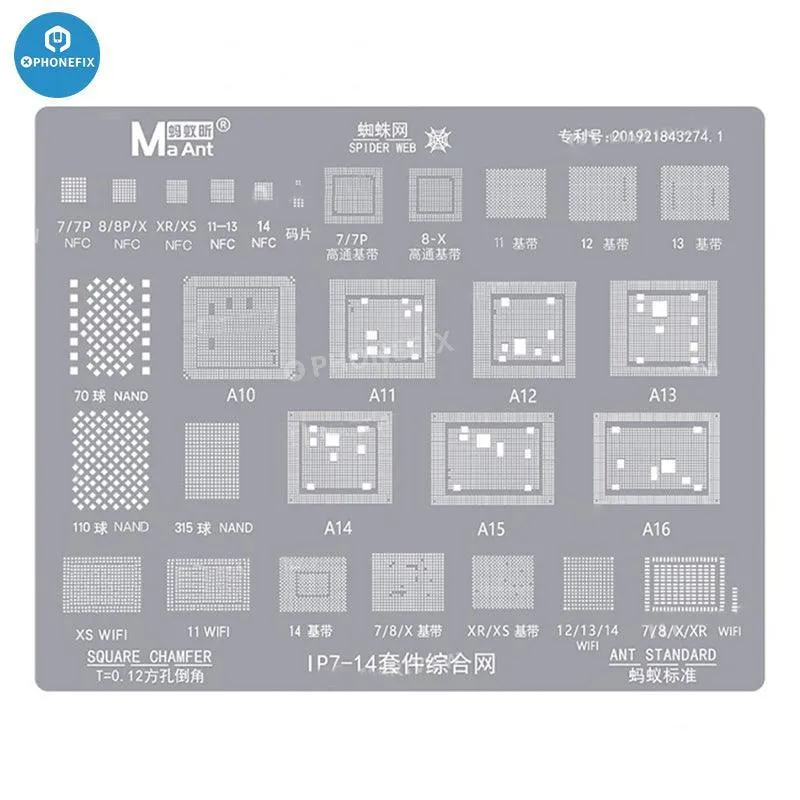 MaAnt WiFi Baseband CPU Reballing Stencil per iPhone 7-14 Pro Max