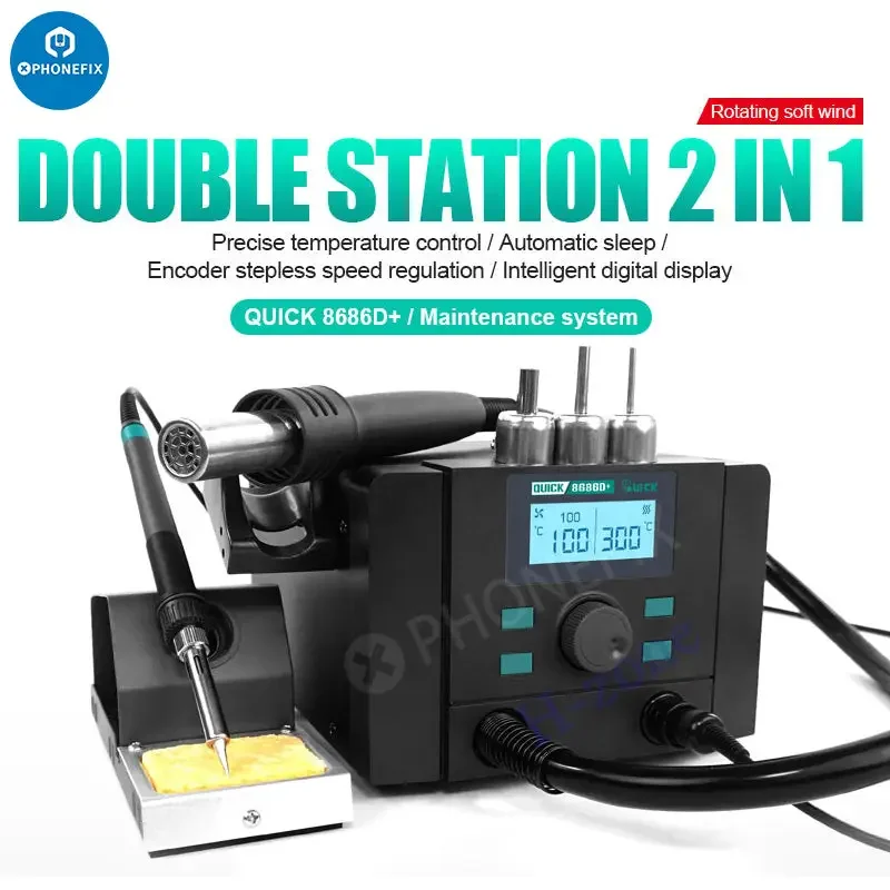 Stazione di rilavorazione con pistola ad aria calda QUICK 8686D+ 2 in 1 per saldatore