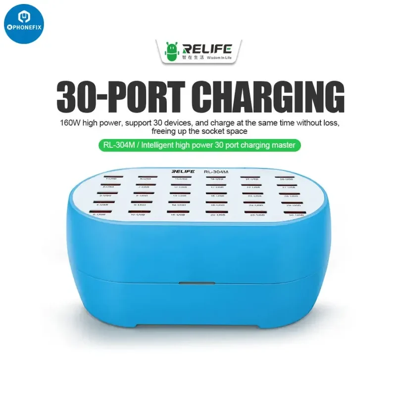 Hub di ricarica USB RL-304M 160W 30 porte Caricabatterie intelligente Lightning