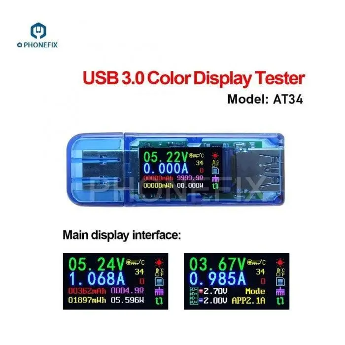 AT34 Caricabatterie USB Voltmetro Amperometro Tester Power Bank Detector