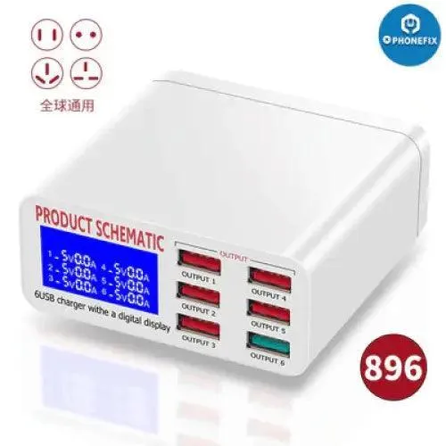 Stazione di ricarica USB per telefono con display digitale, caricabatterie USB per telefono a 6 porte