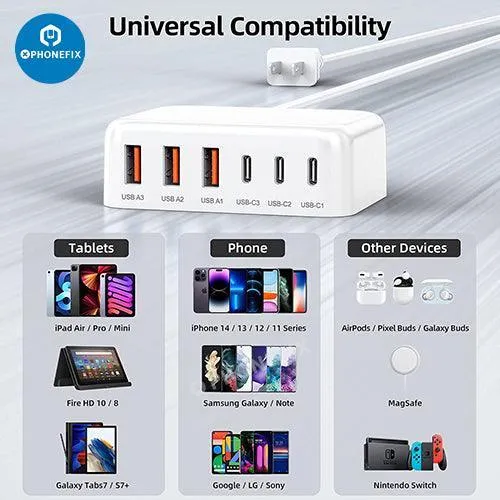 Stazione di ricarica rapida USB-C 6 in 1, caricabatterie multiporta per telefono e tablet
