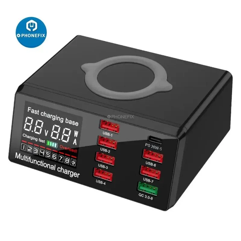 Stazione di ricarica rapida USB multifunzione a 8 porte con wireless 100 W
