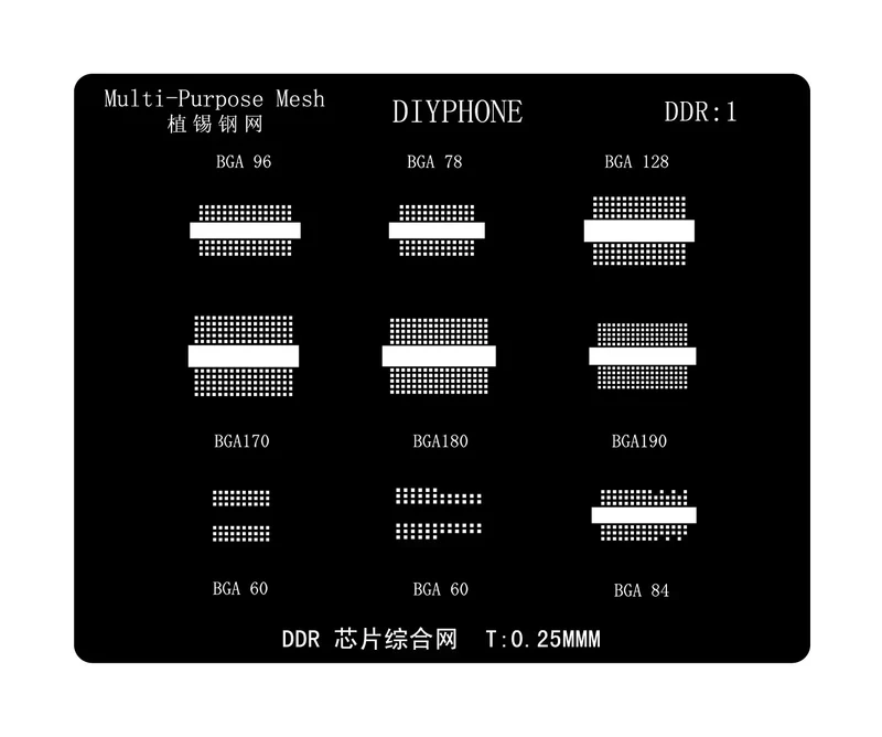 Modello di stencil per reballing BGA Amaoe per chip di memoria DDR