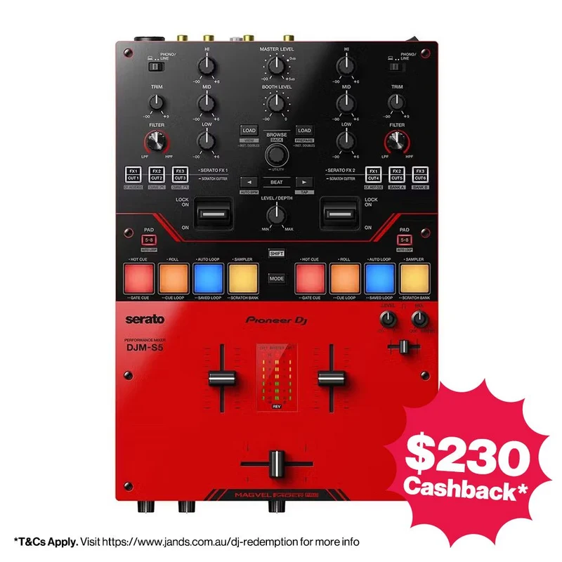 Pioneer DJMS5 Scratch-Style 2-Channel DJ Mixer for Serato DJ Pro (Gloss Red)
