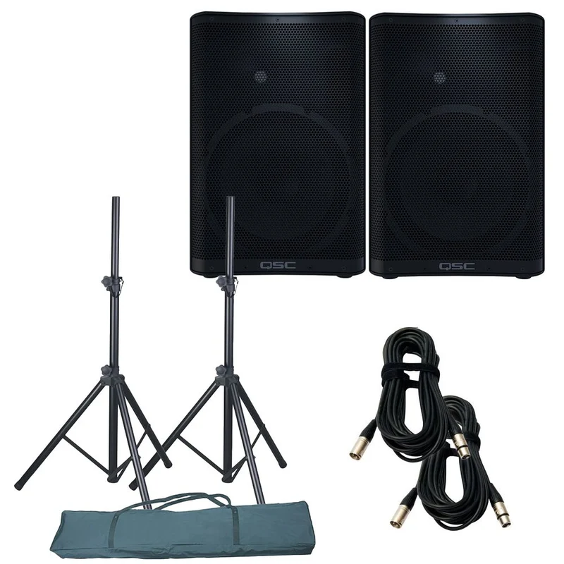 QSC CP12 PA Speaker Pack w/ Stands & 10m XLR Cables (Pair)