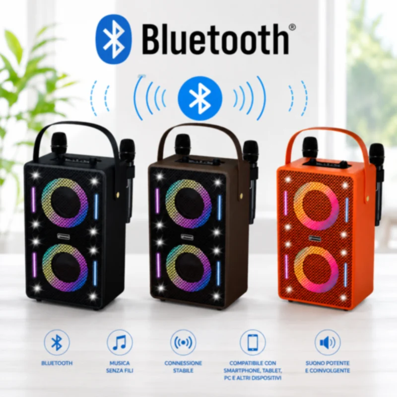 Cassa Bluetooth Karaoke 30W RMS con Luci RGB 2 microfoni ricaaricabile