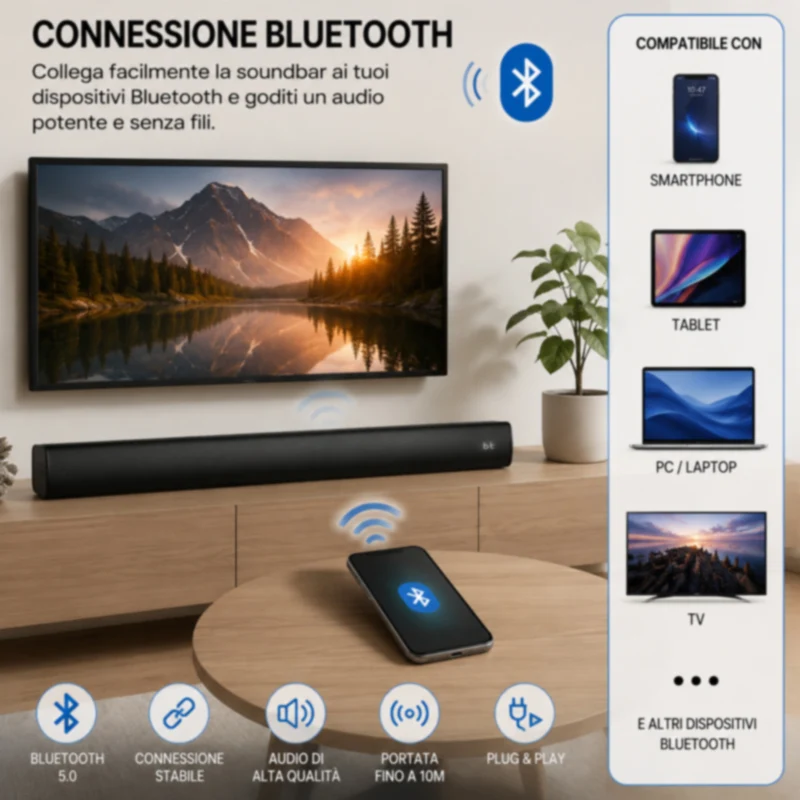 Soundbar Bluetooth 180W con Telecomando 90 cm HDMI OPT AUX