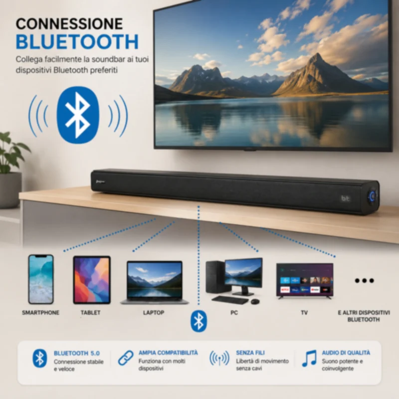 Soundbar Bluetooth 5.3 120W con Telecomando HDMI OPT AUX USB 80 cm