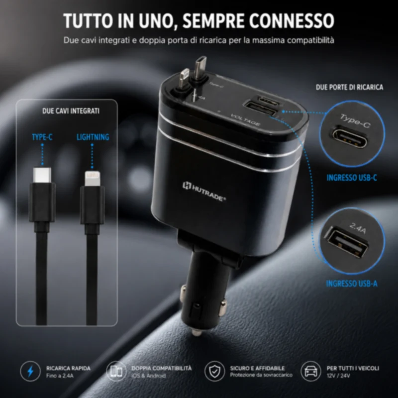 Adattatore accendisigaro 2 cavi retrattili 12/24V 25W porta USB-A USB-C