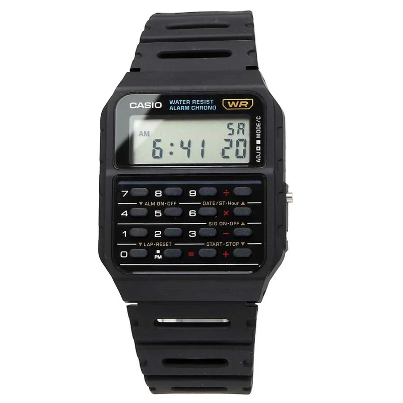 Orologio calcolatrice CASIO CA-53W-1 con 8 cifre, doppio fuso orario e sveglia.