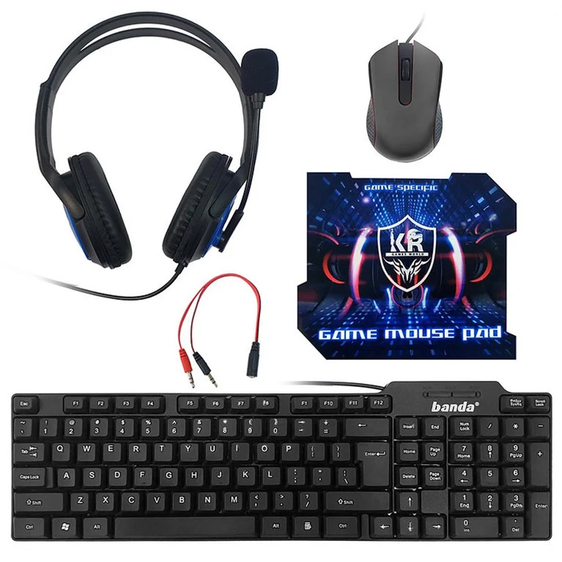 Kit 4in1 postazione gaming tastiera mouse usb cuffia tappetino