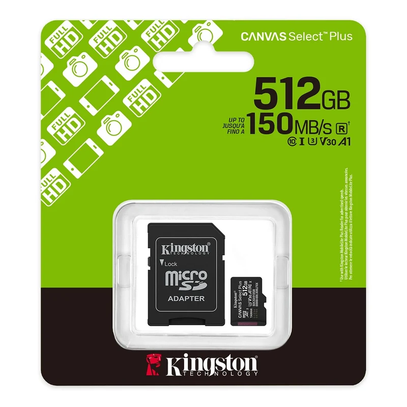 Kingston Canvas Select Plus SDCS3/512GB Scheda di memoria Micro SD 512GB microSDXC Gen3 150MB/s A1 Adattatore SD incluso