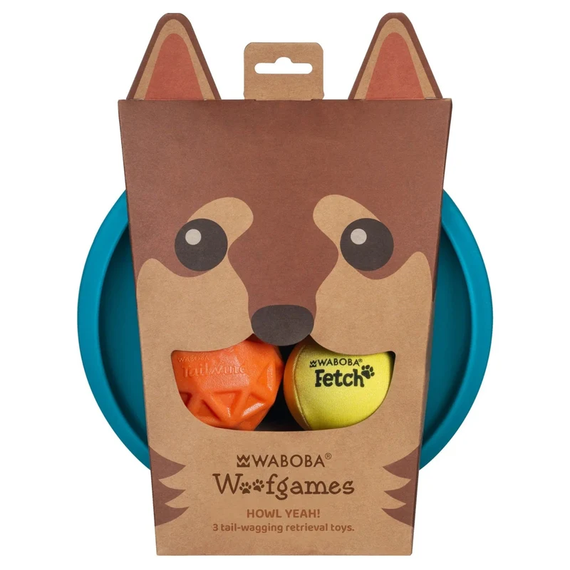 Waboba - Woofgames, Set di giocattoli per cani 3 in 1 - Disco volante Jetwag, Frisbee in gomma + 1 Pallone iper rimbalzo + Palla da riporto Tailwind - Giocattolo all'aria aperta ad alte prestazioni Original