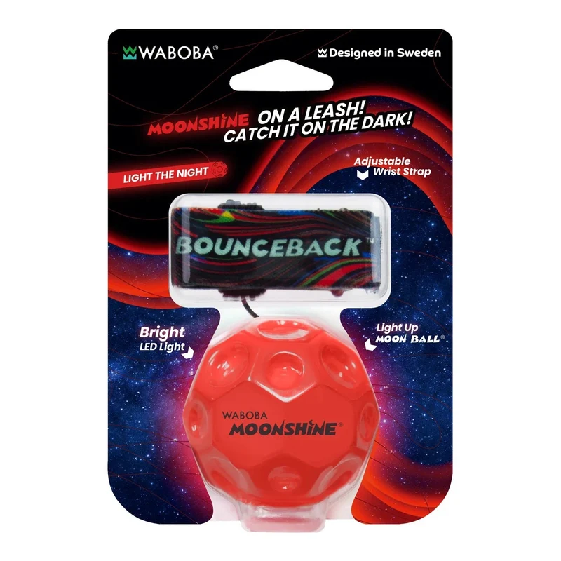 Waboba Pallina Original LED Bounceback Ball (MOONSHINE) Palla con Luce LED al guinzaglio, Super Rimbalzo, per Interni ed Esterni IPER RIMBALZANTE, Giocattolo per saltare ad alte prestazioni per un'estate di divertimento senza fine (RED)