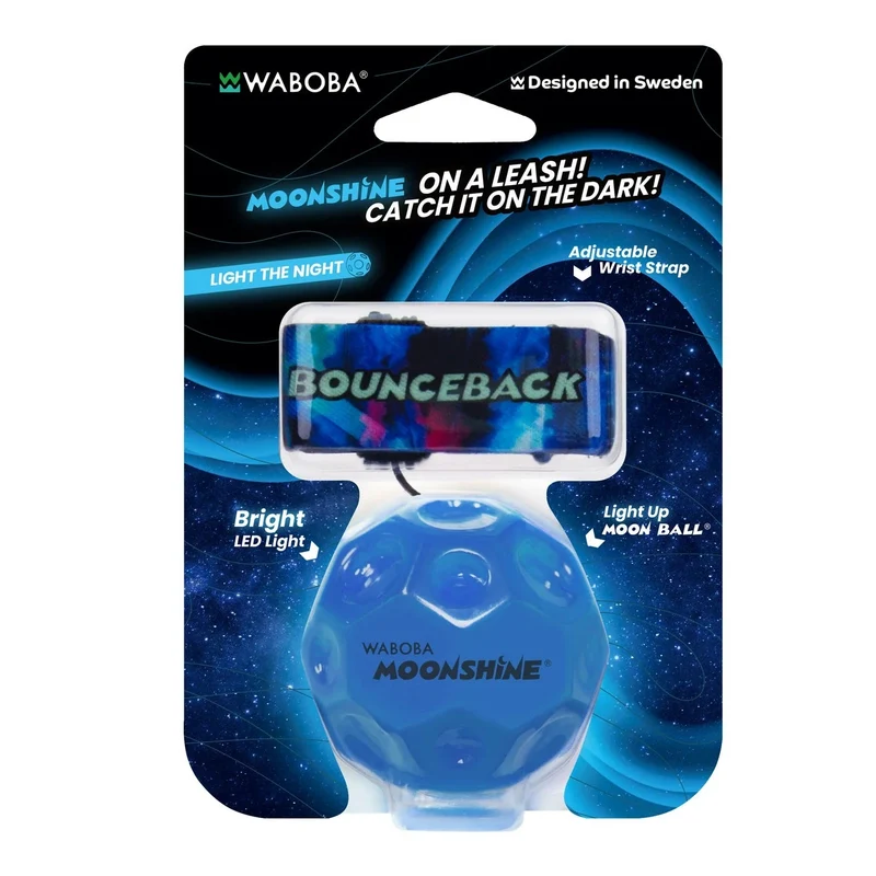 Waboba Pallina Original LED Bounceback Ball (MOONSHINE) Palla con Luce LED al guinzaglio, Super Rimbalzo, per Interni ed Esterni IPER RIMBALZANTE, Giocattolo per saltare ad alte prestazioni per un'estate di divertimento senza fine (BLU)