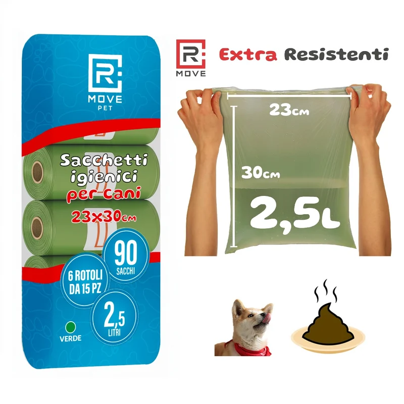 R MOVE Sacchetti Cane Cacca 90 pz (6 Rotoli) - Sacchettini Igienici Per Cani - Buste 30x23 Resistenti Dog