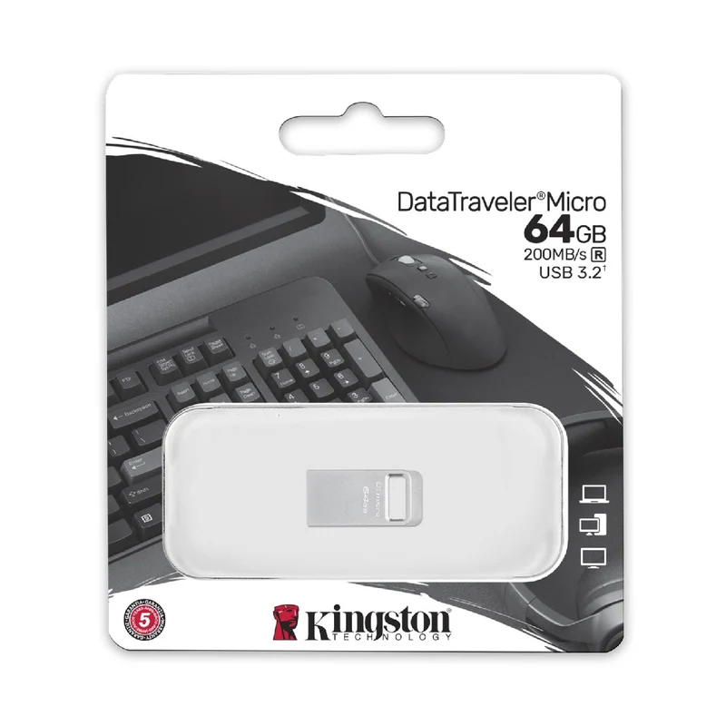 Kingston Pendrive 64GB DTMC3G2/64GB DataTravel Micro Gen.1 USB-A 3.2 Chiavetta Metallo Type-A Memoria Drive Flash PC 200MB/s(R) Silver Metal
