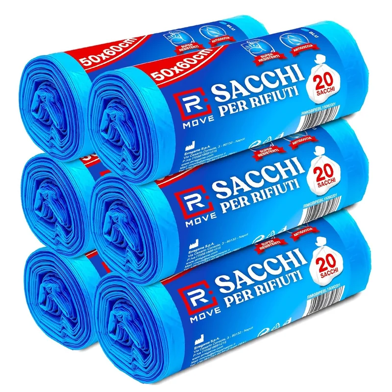 RMOVE 120 Sacchi Spazzatura 50x60 Rotoli Sacchetti Blu Indifferenziata Rifiuti Senza Manico