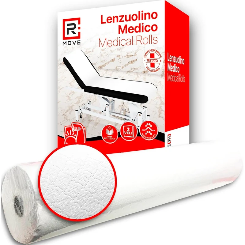 R MOVE 6 Rotoli Carta per Lettino Massaggio 60 metri, Lenzuolino Medico Monouso per lettino 60cm altezza, 2 veli pura cellulosa, lenzuolini per estetista, rotoli medici, rotolo lettino estetista