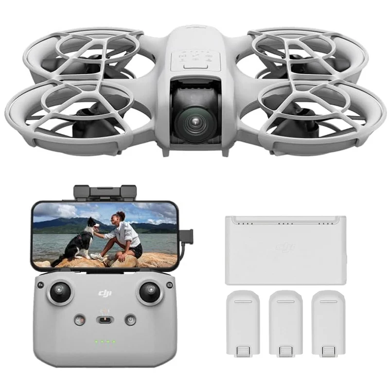 DJI Neo Combo Fly More, Mini Drone con Fotocamera UHD 4K per adulti, 135g drone che vola da solo e ti segue, decollo dalla mano, tracciamento del soggetto, QuickShot, con RC-N3 e 3 Batterie