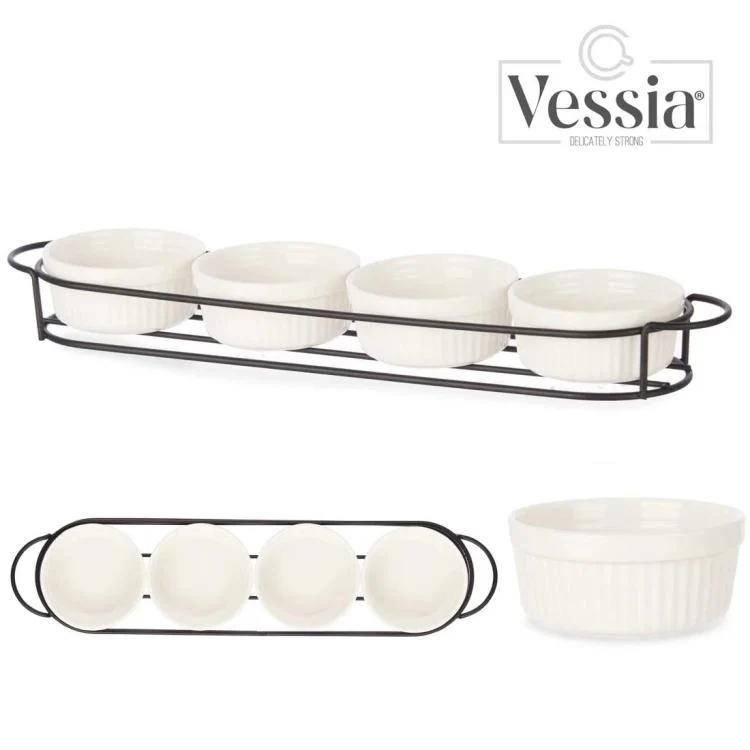 Set 4 Pezzi Antipastiera Porcellana Con Supporto Vassoio Aperitivo Ciotole Salse
