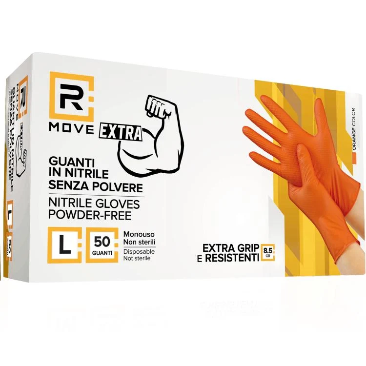 Rmove 50Pz 8.5Gr Da Lavoro Guanti Nitrile Arancione Senza Polvere Full Grip (L)