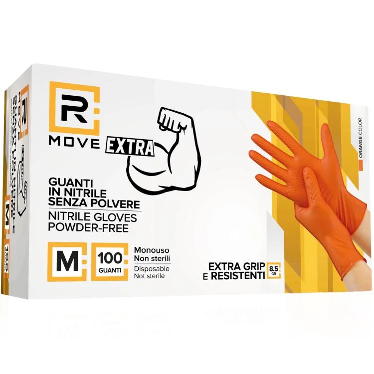 Rmove 100Pz 8.5Gr Da Lavoro Guanti Nitrile Arancione Senza Polvere Full Grip (M)