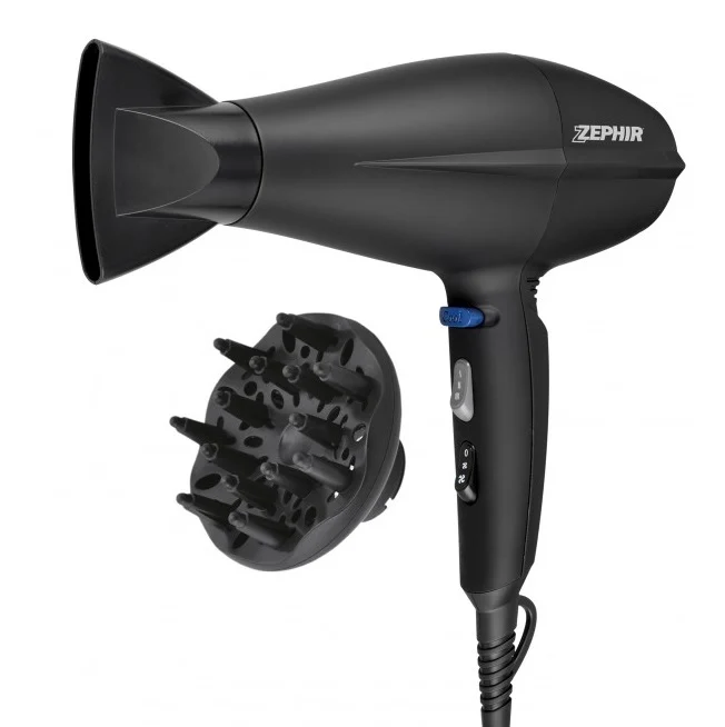 Zephir Asciugacapelli Professionale 2200W Phon Con Diffusore Grande Nero Zhb2002