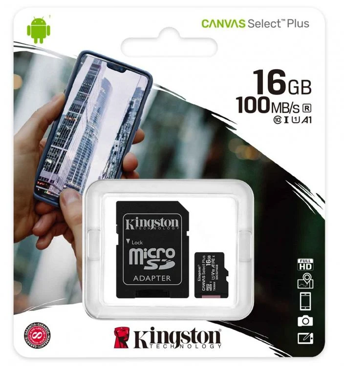 Kingston Micro Sd 16Gb + Adattatore Canvas Plus Sdcs2 Classe 10 100Mb/S