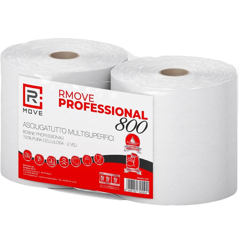 R Move 2 Rotoloni di Carta asciugatutto, Bobina industriale mani Professionale a 800 Strappi, Asiugamani Pura Cellulosa lunga durata extra resistente, assorbenti da cucina 1600 strappi totali