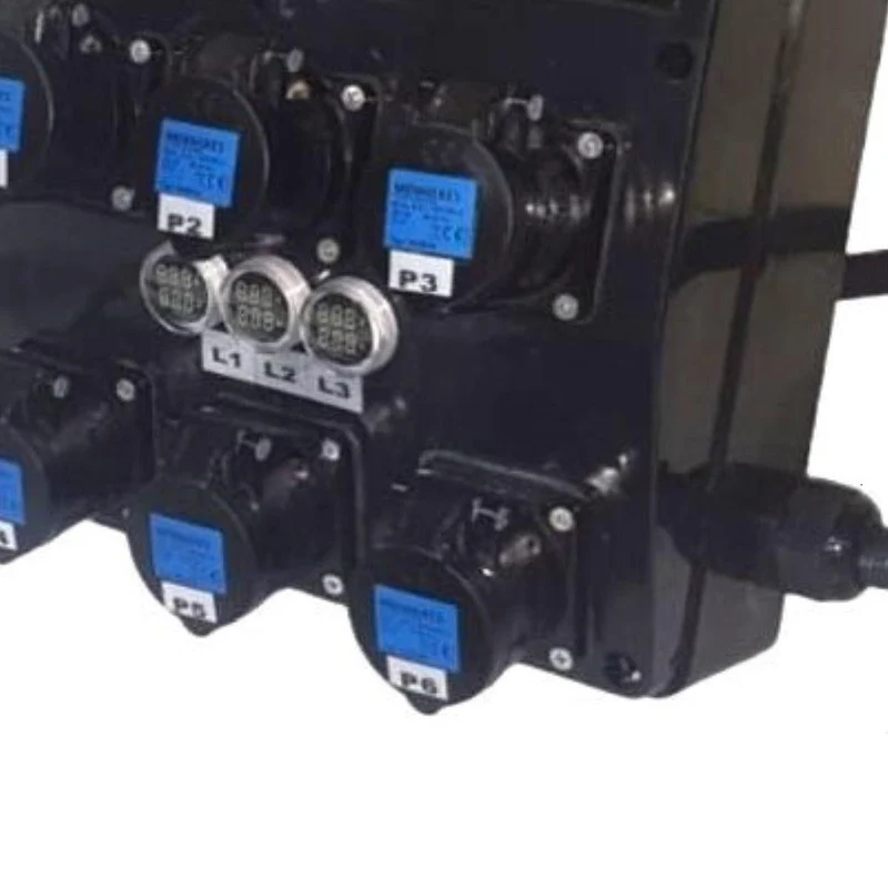 QUADRO CORRENTE POWERBOX SPINA 32A PENTAPOLARE TRIFASE 6 PRESE CEE 16A MONOFASE + 2 32A 5P 3 SPIE VOLTOMETRO AMPEROMETRO EMERGENZA