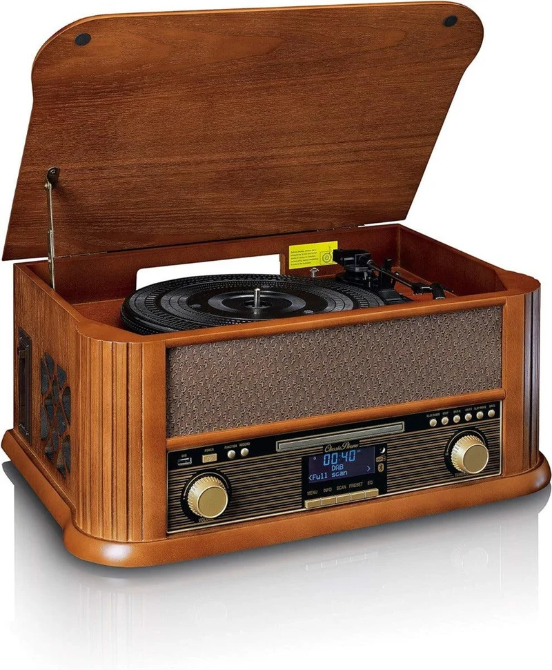 Lenco TCD-2570 Giradischi in legno, connessione USB, Radio e DAB+, Lettore di cassette e CD, Bluetooth, 2 altoparlanti integrati