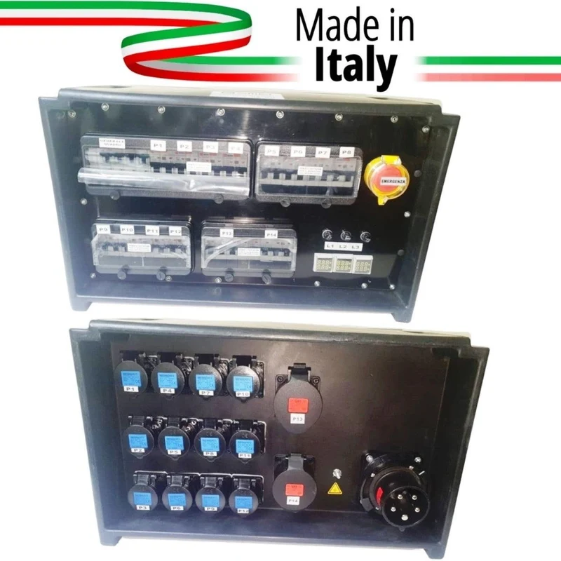 QUADRO CORRENTE POWERBOX SPINA 63A PENTAPOLARE TRIFASE 12 PRESE CEE 16A MONOFASE + 2 32A 5P 3 SPIE VOLTOMETRO AMPEROMETRO EMERGENZA