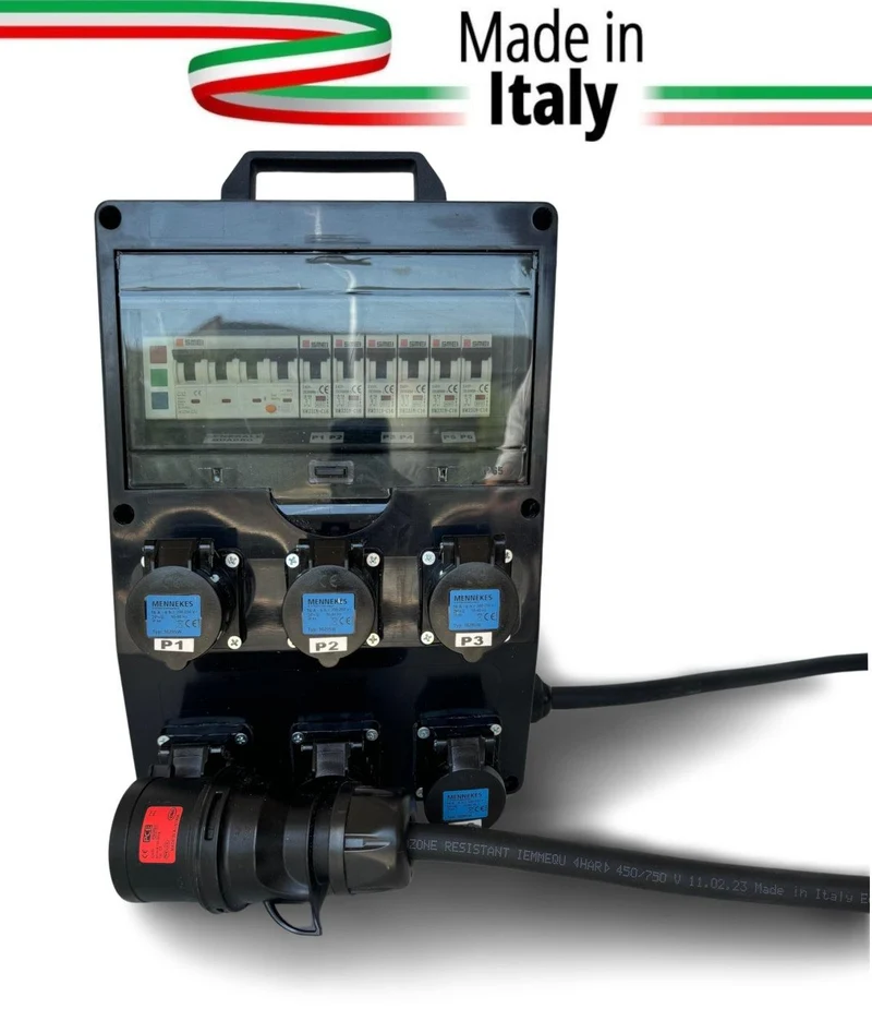 QUADRO CORRENTE POWERBOX SPINA 32A TRIFASE 6 PRESE CEE 16A MONOFASE 3 SPIE DI RETE CAVO 5X6MM2 DA 2MT