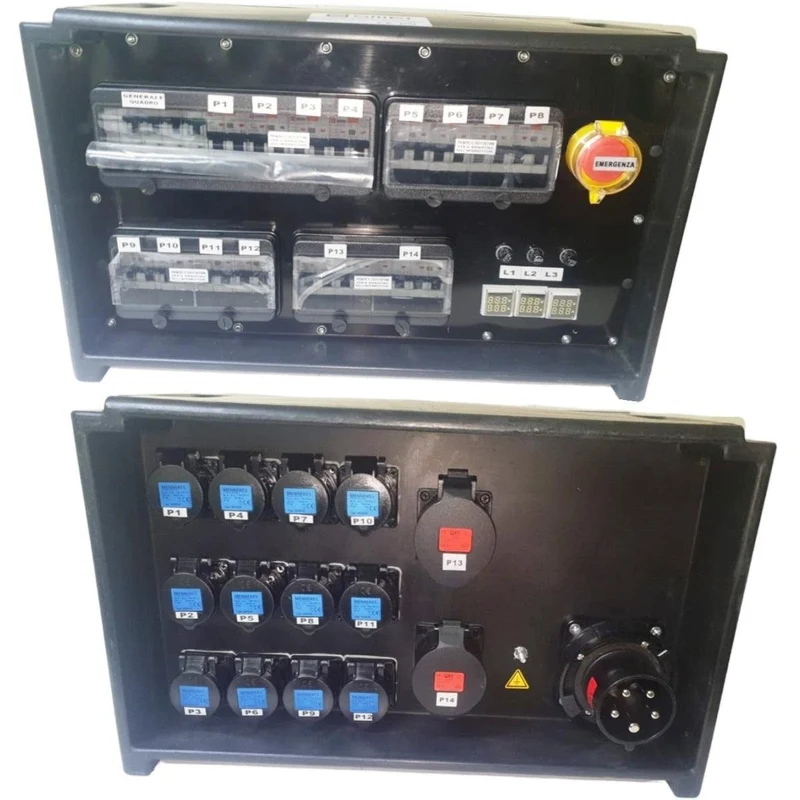 QUADRO CORRENTE POWERBOX SPINA 63A PENTAPOLARE TRIFASE 12 PRESE CEE 16A MONOFASE + 2 32A 5P 3 SPIE VOLTOMETRO AMPEROMETRO EMERGENZA