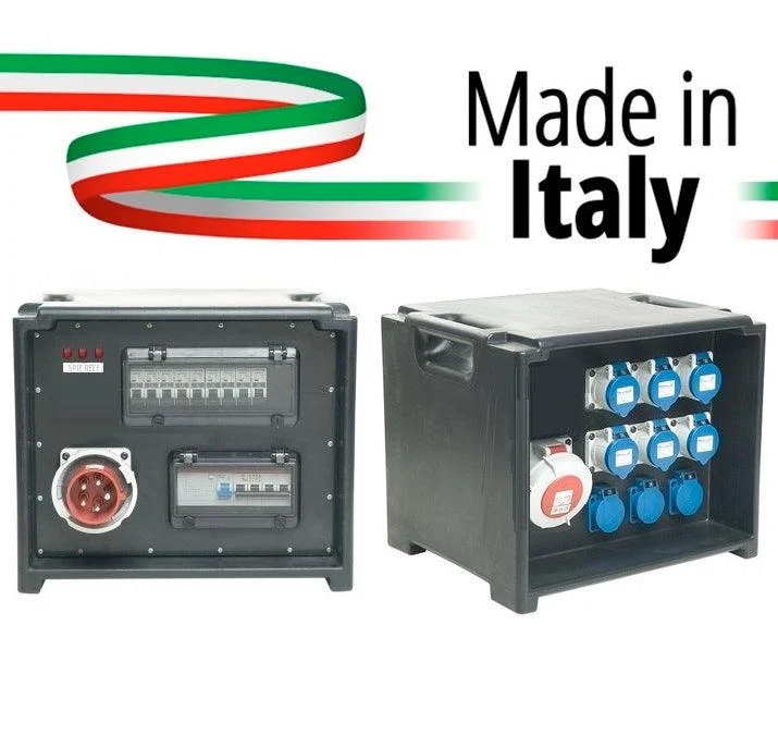 POWER-BOX CUBO SPIE RETE INGRESSO SPINA 32A MASCHIO 5P USCITE 6 PRESE CEE 16A 2P+ 3 SCHUKO 16A + 32A 5P LOOP