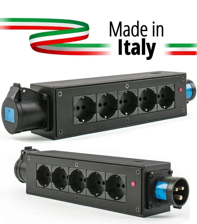 EXTREME POWERBOX NERO CIABATTA ALIMENTAZIONE PALCO MADE IN ITALY SPIA RETE INGRESSO SPINA 16A 3P 5-USCITE UNEL E PRESA LOOP OUT 16A