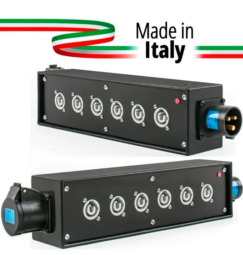 POWER-BOX NERO CIABATTA ALIMENTAZIONE PALCO POWERCON MADE IN ITALY SPIA RETE INGRESSO 16A 3P USCITE 6 20AMP POWER-OUT GREY 16A LOOP OUT