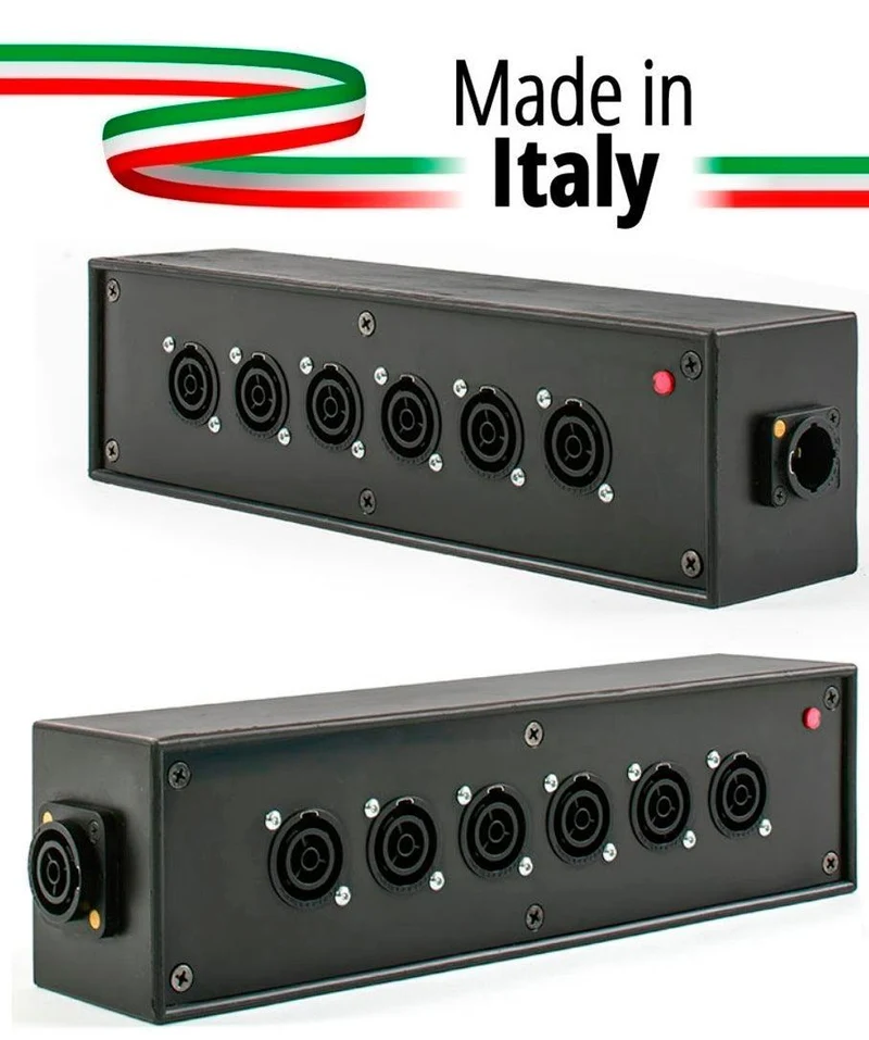 POWER-BOX NERO CIABATTA ALIMENTAZIONE PALCO POWERCON MADE IN ITALY SPIA RETE INGRESSO POWERCON TRUE1 16A USCITE 6 TRUE1 16A LOOP TRUE1 16A