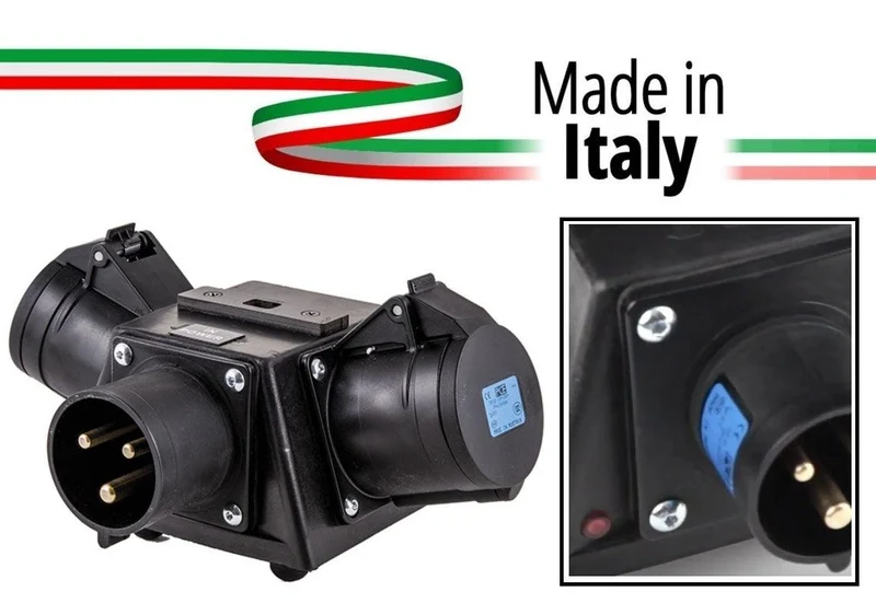POWER-BOX NERO SPLITTER PALCO/TRUSS CIABATTA ALIMENTAZIONE MADE IN ITALY SPIA RETE INGRESSO SPINA 32A 3P USCITE 2 PRESE 16A 3P