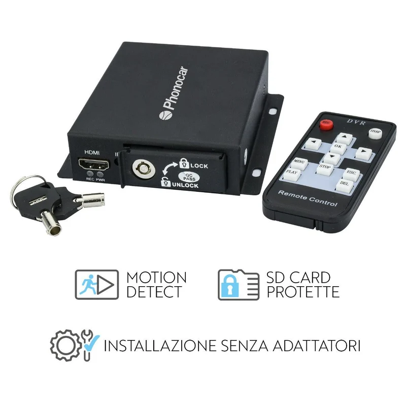 Phonocar VM297 Registratore DVR con 2 ingressi video, Player e Telecomando per impianti di video sorveglianza in auto